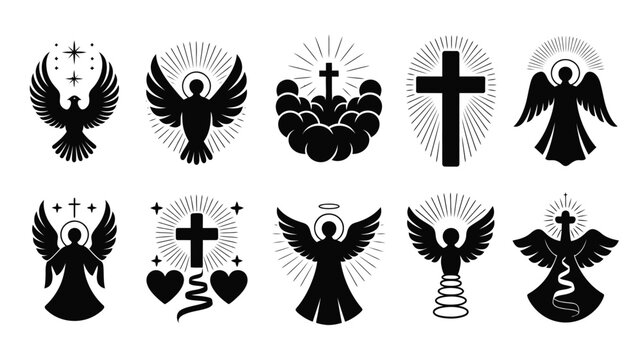 Elegant black and white religious angelic symbols collection with crosses with radiant design against clean background