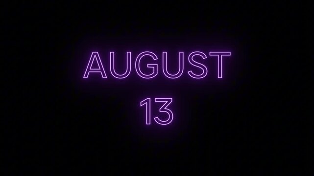 Vivid Purple Neon Date 'AUGUST 13' with Continuous Loop on Clear Background, Ideal for International Left Handers Day