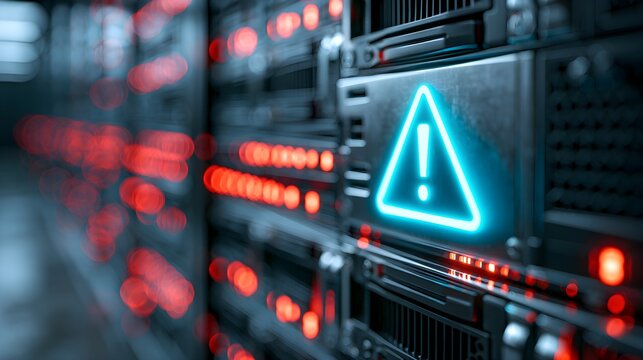 Cybersecurity Warning Sign on Server Rack with Blurry Red Lights and Exclamation Mark