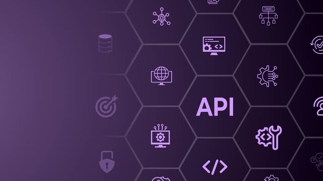 API Application Programming Interface concept on the colorful background. Motion graphics of  API Software development tool. Animation of 4k video. 