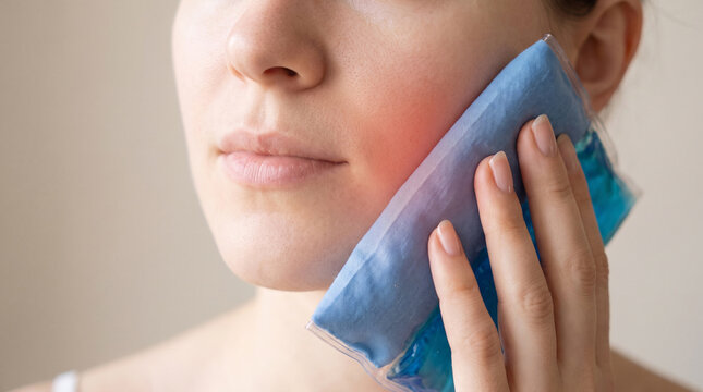 Woman pressing a cold ice pack on her swollen red cheek and jaw to relieve toothache or facial pain