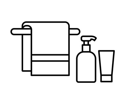 Skin care line icon. Linear sign for hygiene - towel, soap, lotion dispenser, cream tube. Beauty wellness or hotel vacation bath theme. Vector icon with editable stroke. Thin outline  symbol.