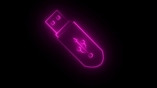 Glowing neon USB pen drive icon isolated on black background. USB drive icon animation. Security, safety, protection concept. USB flash drive icon neon animation. 4k motion video.