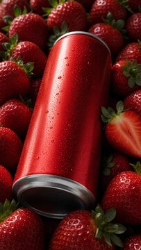 Blank red aluminum can with water drops lying on fresh ripe strawberries. Cold refreshing fruit soda or energy drink concept with low angle camera. 
