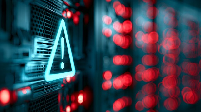 Cybersecurity alert icon on server rack, glowing warning sign in data center, digital system failure and network security breach concept