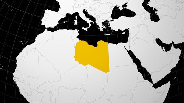 Libya map. Animated zoom into the country on the Globe in Black White color palette. Country logo animation. Map with meridians, parallels. Elegant video.