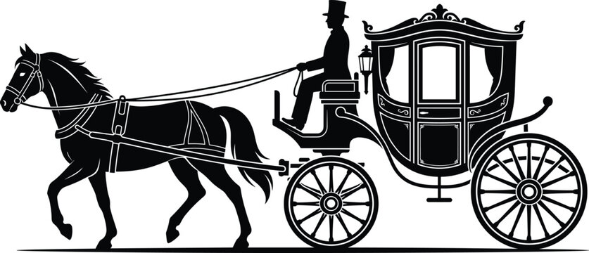 Elegant vintage horse drawn carriage silhouette with a driver in top hat vector illustration