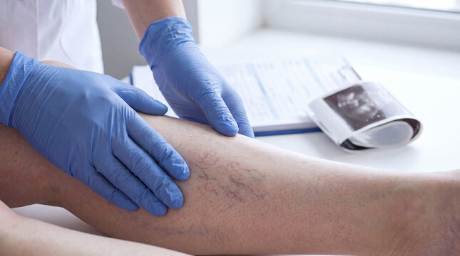 Doctor in blue gloves examining varicose veins on a patient's leg with an ultrasound scan nearby
