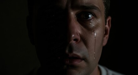 Fototapeta premium dramatic close-up portrait of a crying man with a tear rolling down his cheek in shadow