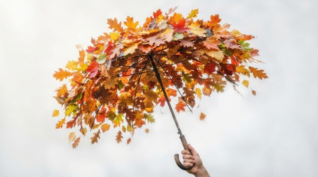 Person holding umbrella made of autumn leaves