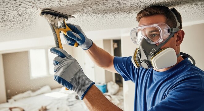 Home renovation scene showing safety goggles respirator and gloves being worn to prevent exposure to asbestos dust from popcorn ceiling.