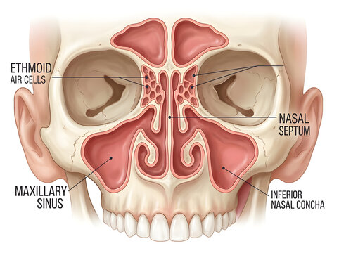 Anatomical diagram of human nasal cavity and sinuses isolated on white background