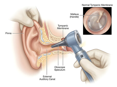 Ear anatomy illustration with otoscope examination isolated on white background