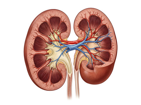 Human kidneys with blood vessels and ureter anatomy illustration isolated on white background