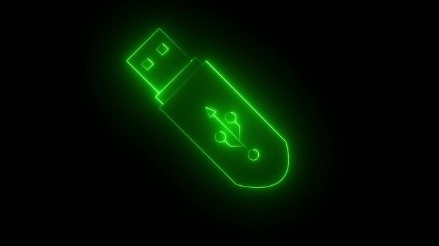 Glowing neon USB pen drive icon isolated on black background. USB drive icon animation. Security, safety, protection concept. USB flash drive icon neon animation. 4k motion video.
