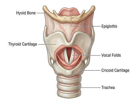 Human larynx anatomy diagram with labeled parts isolated on white background