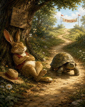 Tortoise and Sleeping Hare Fable Illustration for Success Strategy