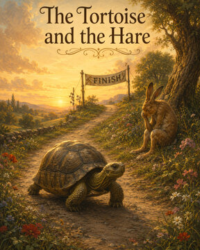 The Tortoise and the Hare Fable Illustration with Finish Line at Sunset