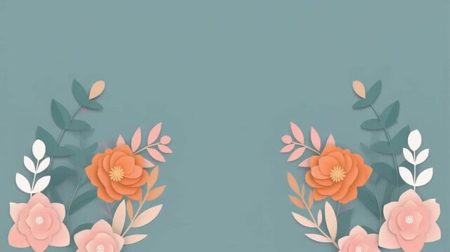 Floral paper cut background with orange and pink rose flowers frame on muted teal surface for wedding card design