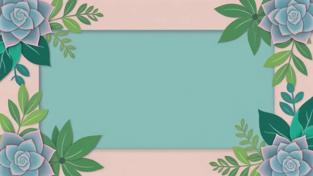 Succulent floral frame mockup with blank teal rectangle placeholder for text in a flat digital illustration style art