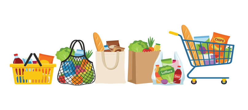 Colorful collection of grocery shopping bags, baskets, and a cart filled with fresh food and vegetables