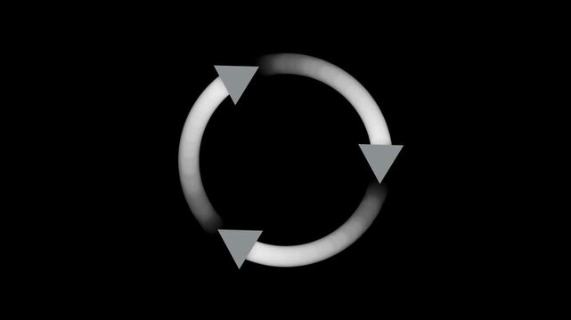 Seamless loading spinner animation with rotating arrows on black background, for ui ux, progress indicator