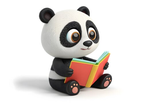 Cute cartoon panda reading colorful book sitting down