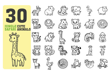Adorable Jungle Animal Outline Icons – Minimal Cartoon Wildlife Vector Pack © Roshan