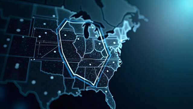Cyber protection symbol embedded in digital grid over North America with glowing circuit patterns and bright lighting