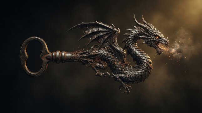 Fantasy dragon shaped ornate metal key