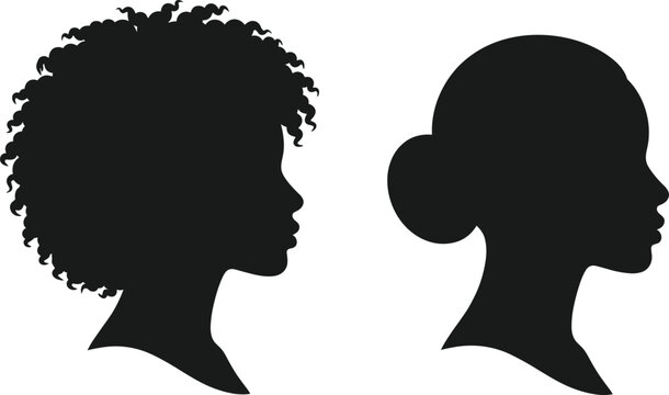 Silhouette side profile portraits of two African American women featuring natural afro hair and elegant bun