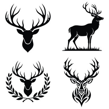 Set of Deer Silhouettes Vector Illustration with Stag Reindeer Buck and Antler Wildlife Animal Icons for Nature Forest and Christmas Design Collection