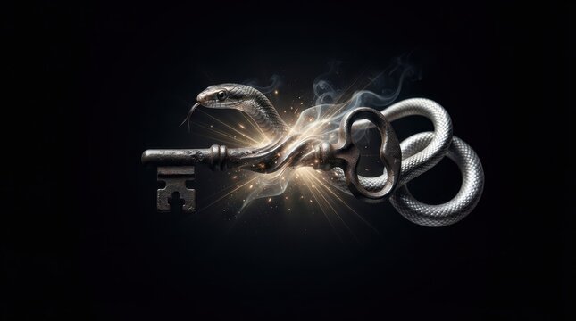 Snake wrapped around an old metal key with mystical light