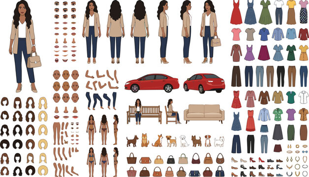 Comprehensive character creation set of a diverse woman with various outfits hairstyles facial expressions and accessories