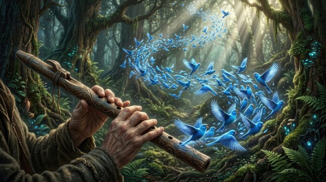 Person playing wooden flute in magical forest with blue birds