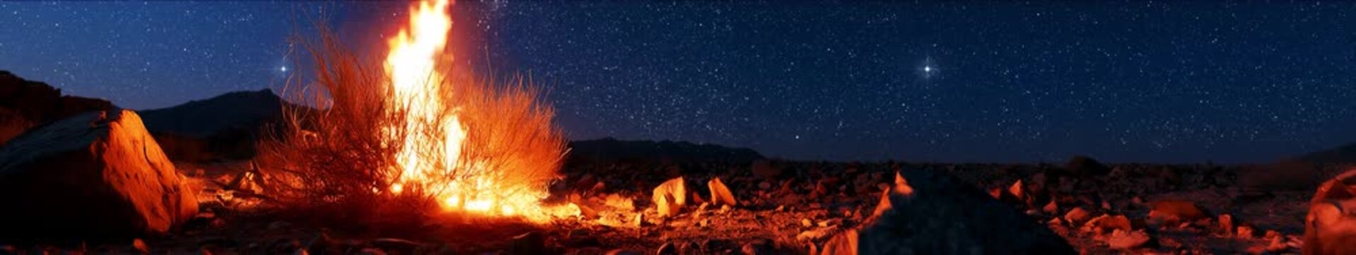 Burning Bush in Rocky Desert under Starry Night Sky, panorama, looped animation