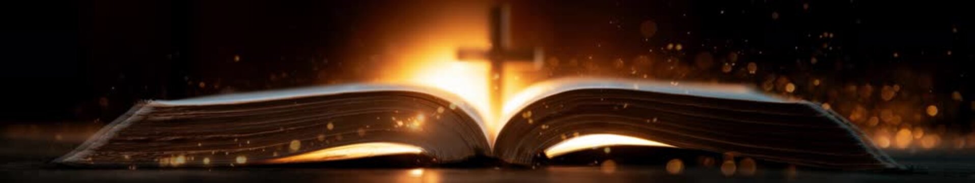 Open Holy Bible with Glowing Cross, Golden Light and Spiritual Sparks, widescreen loop