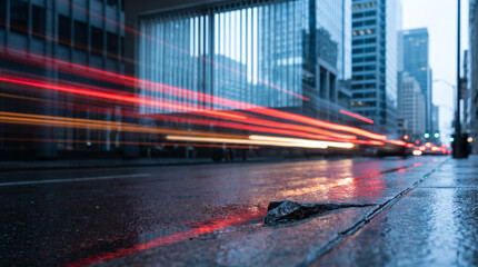Obraz premium Light trails on a wet city street among skyscrapers at dusk