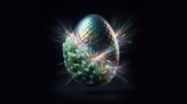 Fantasy dragon egg with iridescent scales and jade texture