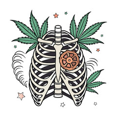 Vintage skeleton rib cage with cannabis leaves and mechanical gear, retro tattoo style human anatomy vector, stoner culture aesthetic illustration © Md