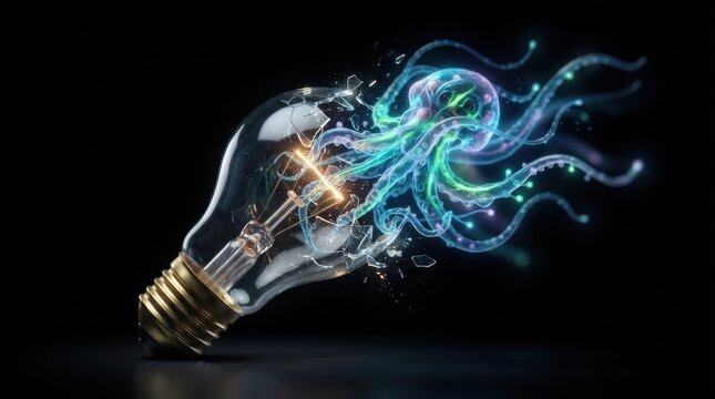 Glowing neon octopus emerging from a shattered light bulb