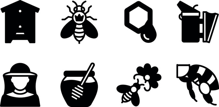Set of beekeeping icons including beehive, queen bee, honey and beekeeper