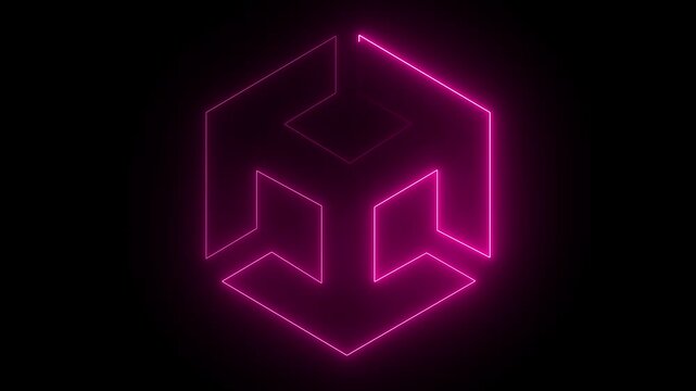 Unity icon animation by pink color on black background. 3d modeling, isometric cube with axes. BIM Technology Icon Ideal for Building Information Modeling and Architecture. 4k motion video.