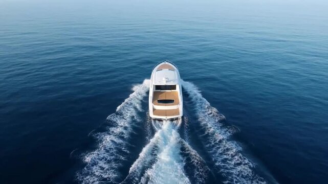 Aerial Drone Shot of Luxury Motor Yacht Speeding Across Open Ocean Waves in Slow Motion for Travel Ads Video clip