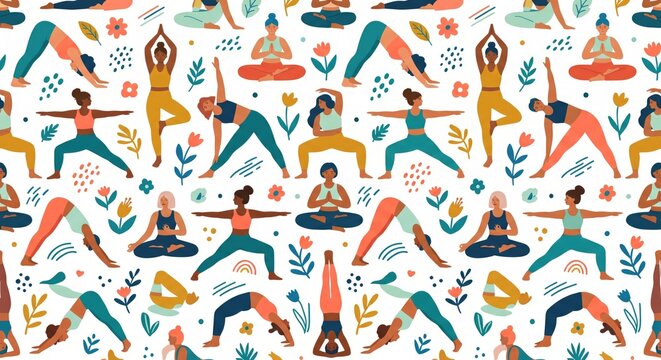 Yoga pattern illustration with colorful people in poses