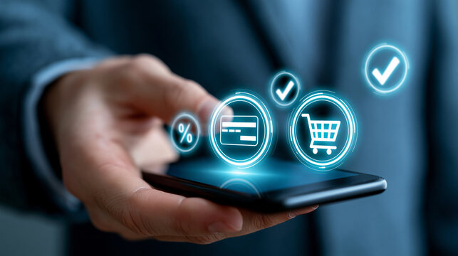 Digital interface showing an online shopping payment process with glowing icons, e-commerce transaction concept, with copy space