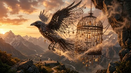 Obraz premium Steampunk raven escaping from ornate birdcage in mountain landscape