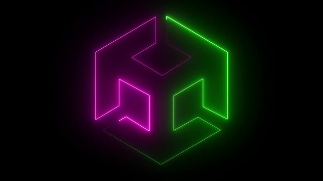 Unity icon animation by green and pink color on black background. 3d modeling, isometric cube with axes. BIM Technology Icon Ideal for Building Information Modeling and Architecture. 4k motion video.