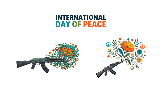 International day of peace concept with assault rifles transforming into colorful flowers and floral arrangements