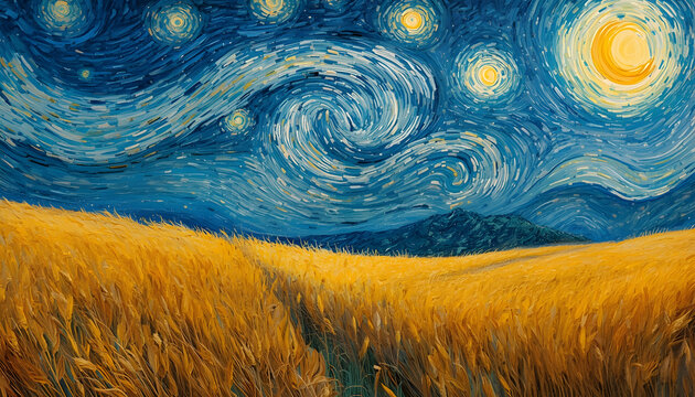 Impressionist oil painting of a golden wheat field under a swirling dynamic starry night sky, vibrant yellow and deep blue color palette, thick impasto brushstrokes, glowing celestial moons an